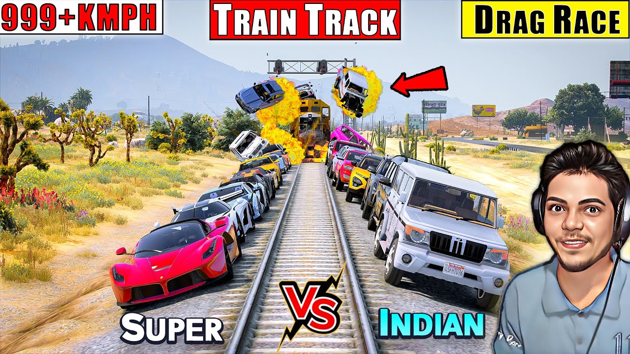 GTA 5 : Indian Cars Vs Super Cars 999+ KMPH Speed Train Track Drag Race With Kala Jaadu
