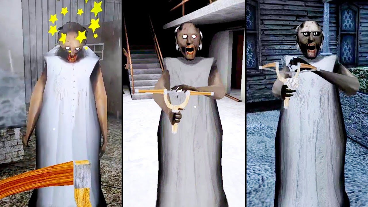 Granny Using Slingshot In All DVloper Games | Granny 3 Enhanced Vs The Twins Vs Granny 1.9