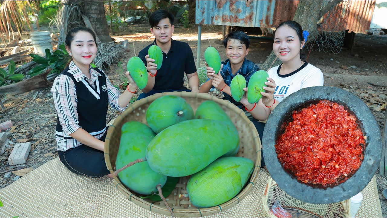 Picnic time with brother and sister - Pick and eat crunchy sweet mango - Big sweet mango spicy chili