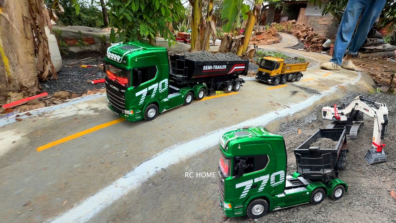 Part 35 Excavator Huina 1594 Working Loading Stone In To Dump Trailer Scania 770 Semi Trailer.