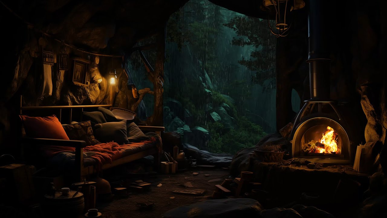 Rainy Night Ambience | Cozy Cave with Fireplace in the Woods and Relaxing Rainfall