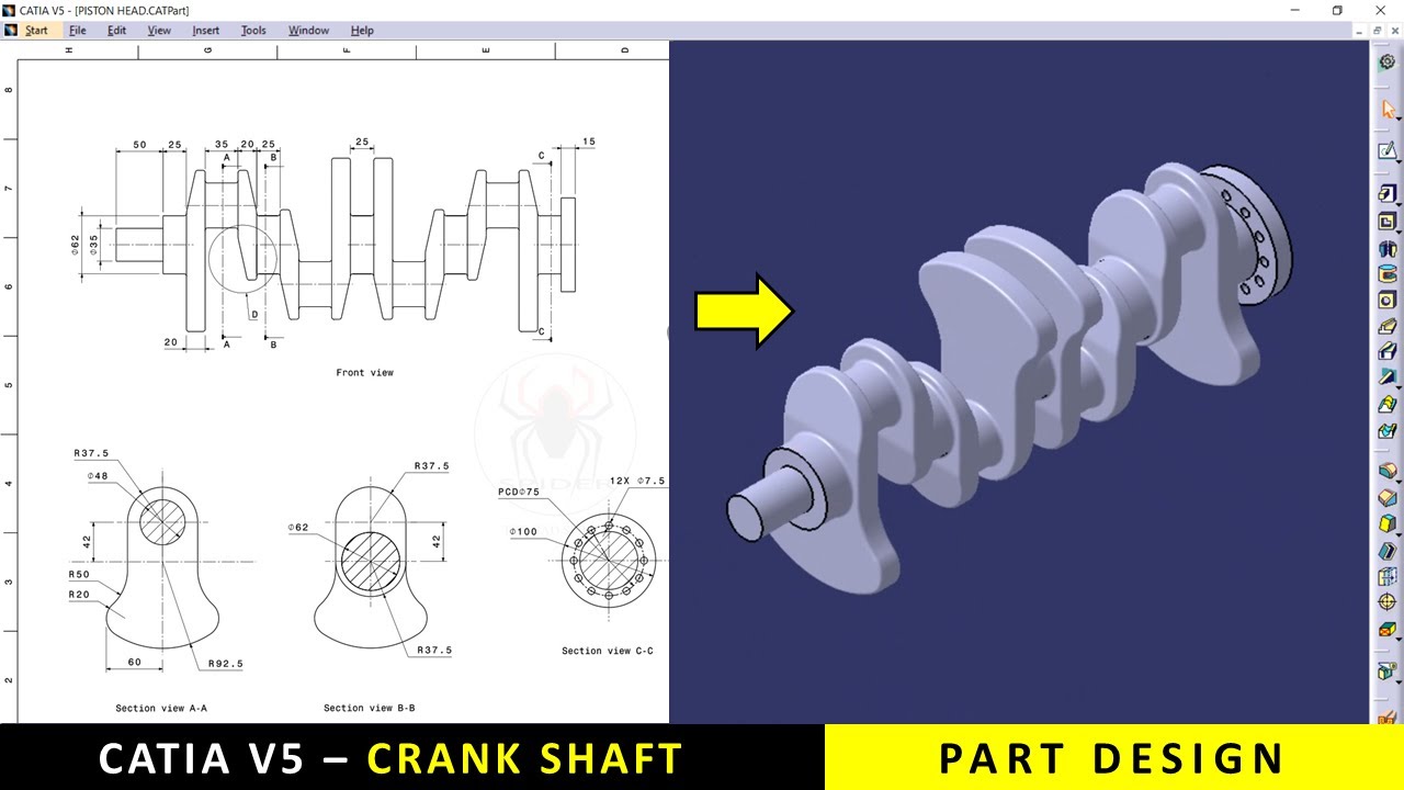 CATIA | Engine Crank Shaft design | Tutorial for Beginners with drawings