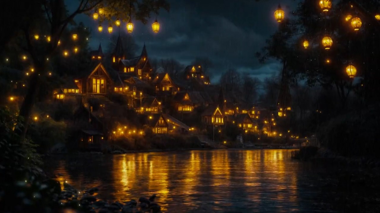 🏮 Golden Lights Across a Misty Rain Town | Steady Rain Ambience for Study & Focus