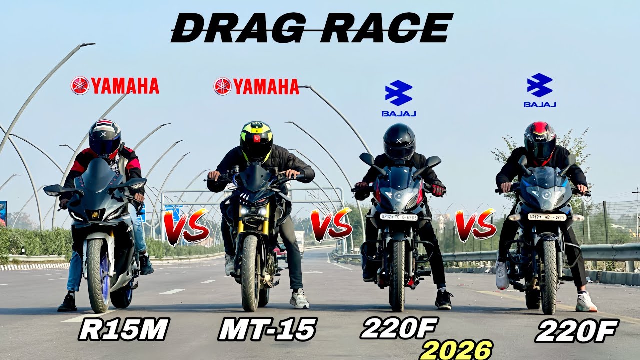 Bajaj Pulsar 220f 2026 vs yamaha r15m vs yamaha mt15 vs bajaj pulsar 220f 2013 | quad battle 😱