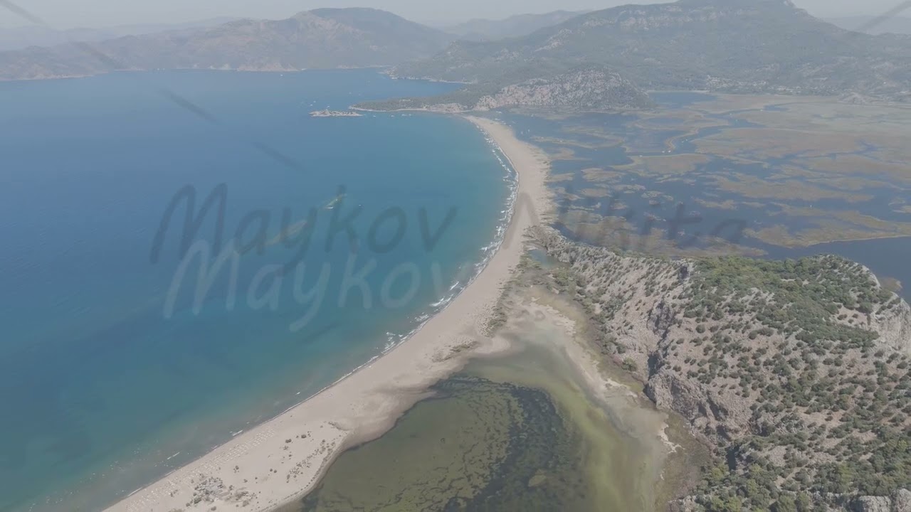 D-Log M. Dalyan, Turkey. Educational aerial view of Iztuzu Beach unique geography - long sand spi...