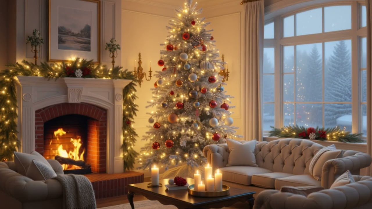 Cozy Christmas Living Room Ambience – Classic 50s Holiday Fireplace & Snowy Window