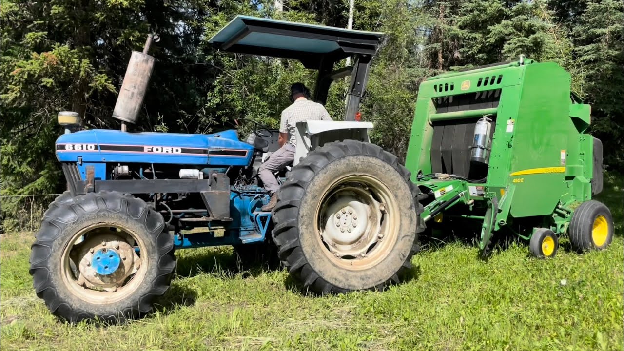 Baling Hay With An Old Tractor And New Baler | Ford 6610 | John Deere 450e | Also Featuring The Cows