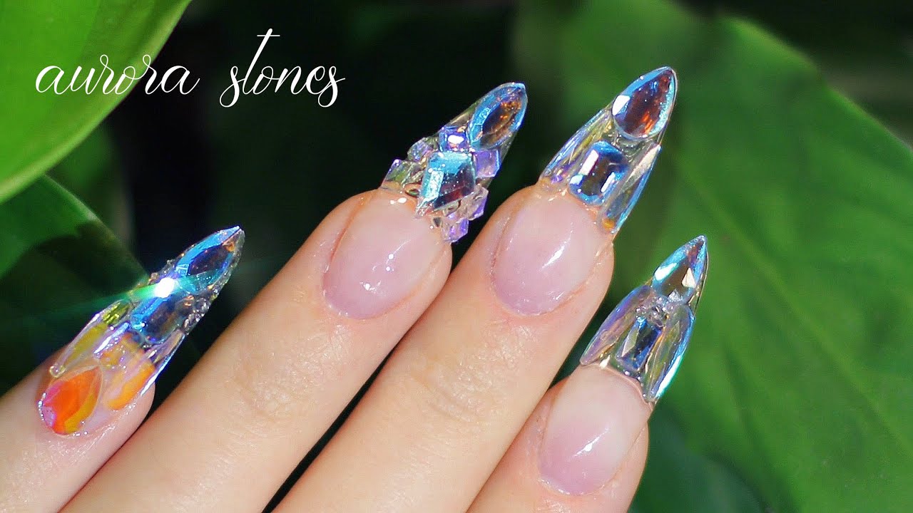 Aurora Stones/ Crystal Nails/ Clear Nails/ {close-up} Aprés Gel X extension method/ self nail asmr