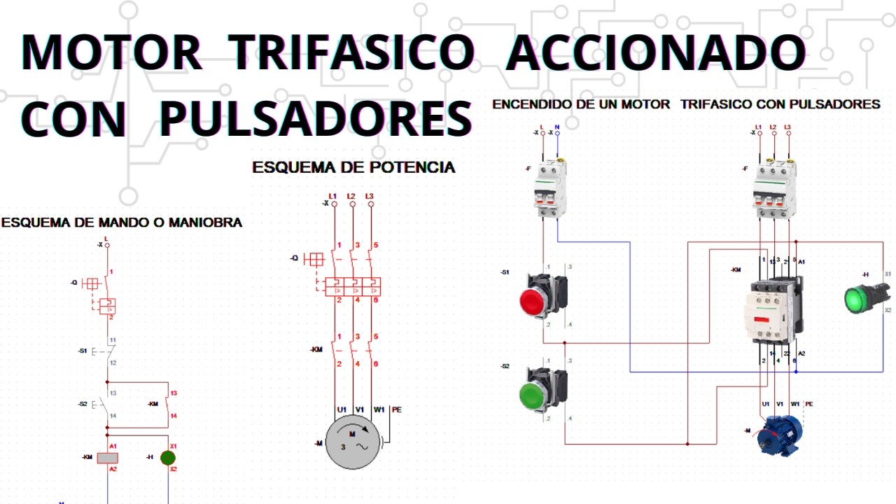 Encendido de un motor trifásico con pulsadores, simulado en CADe_SIMU