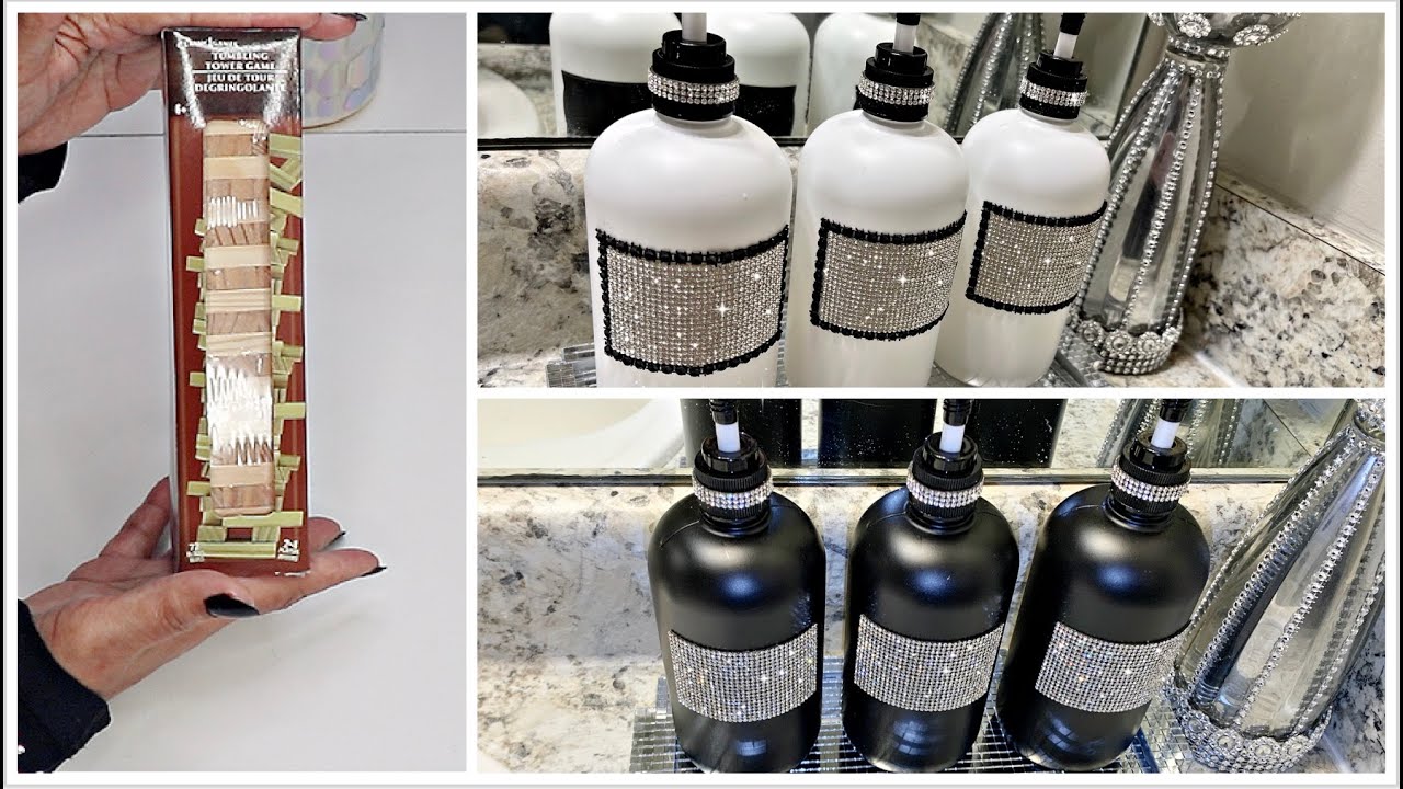 DOLLAR TREE DIY | 3 PIECE GLAM BATHROOM SOAP DISPENSER SET AND DIY GLAM TRAY