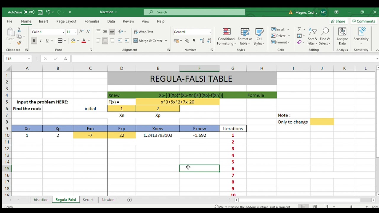 Regula Falsi Excel  Method