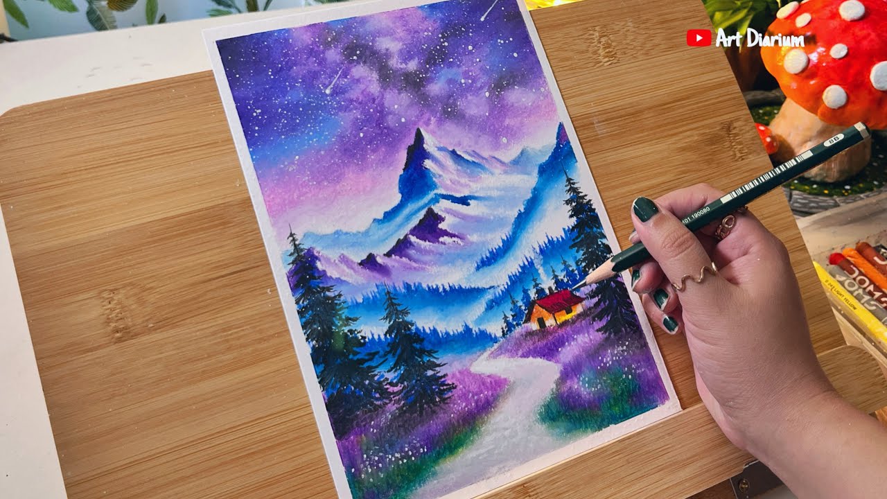 Milky Way Galaxy Mountain Drawing | Oil Pastel Night Landscape 🌌✨