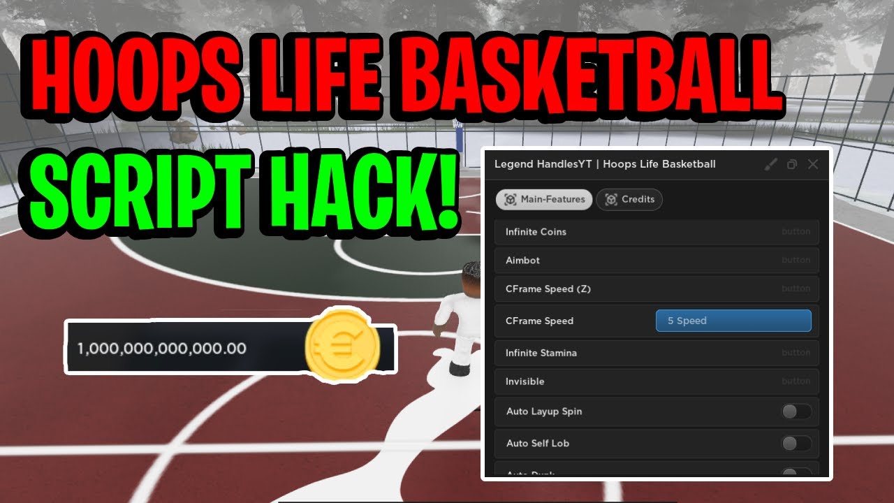 Графический интерфейс скрипта баскетбола Hoops Life / Взлом (бесконечные монеты, AIMBOT, REACH и ...