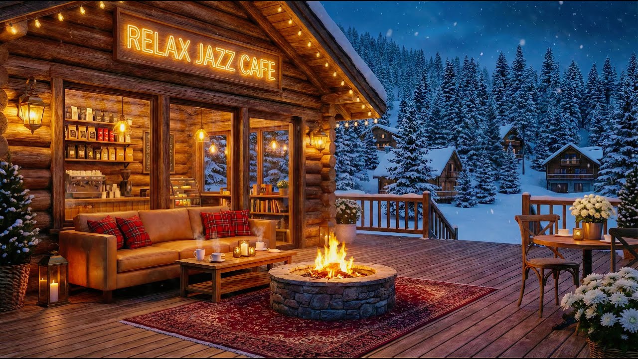 Cozy Winter Jazz Café Porch ⛄Relaxing Jazz Music with Snowy Mountain View & Fire Pit for Study, Work