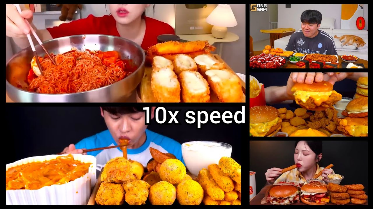 Eating asmr_spicy ramen_spicy burger_cheeze bolls_fries_eating challenge asmr