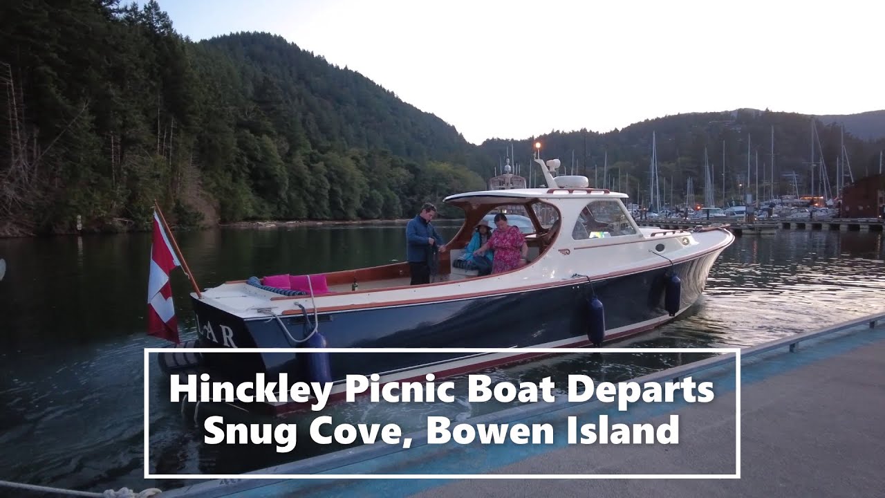 Hinckley Picnic Boat departs Snug Cove, Bowen Island.
