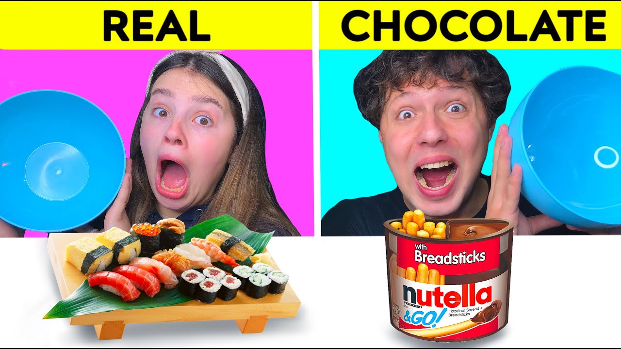 ASMR REAL FOOD VS CHOCOLATE FOOD CHALLENGE | Eating Sounds Mukbang 먹방 Tati ASMR