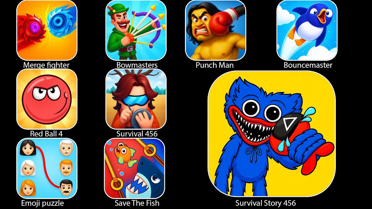 Help Me Tricky Puzzle,Emoji Puzzle,Survival 456,Save The Fish,Merge Fight,Bouncemaster,Bowmasters