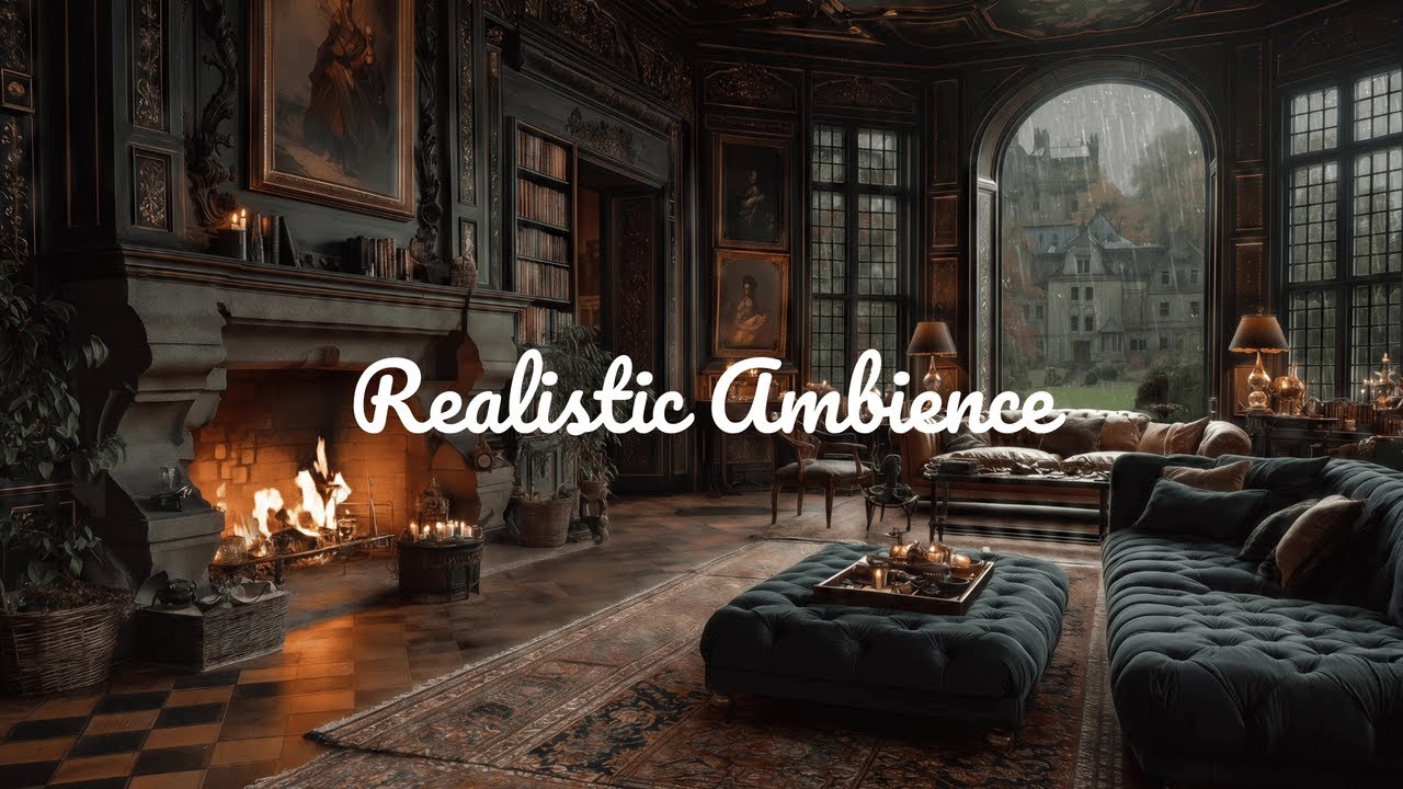 Rain & Fireplace Ambience No Ads | Cozy Gothic Château Lounge in France for Sleep & Relaxation