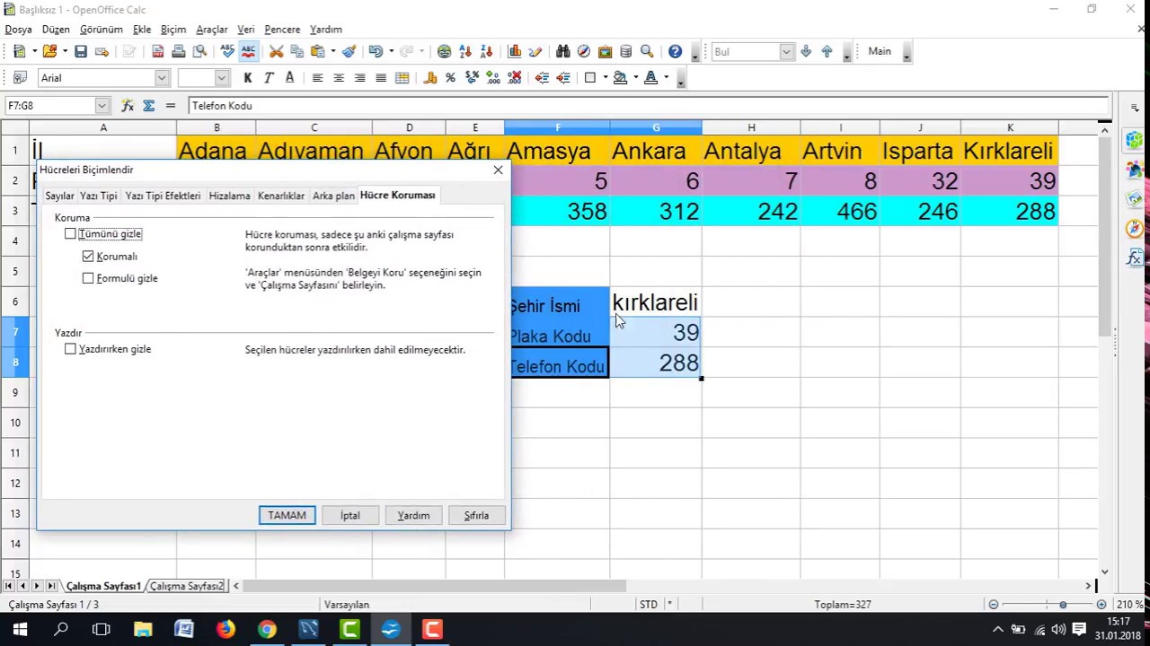 Open Office Calc Programında “Yatayara”, “Formül Gizleme” ve “Sayfa Koruma” İşlemleri @omur61