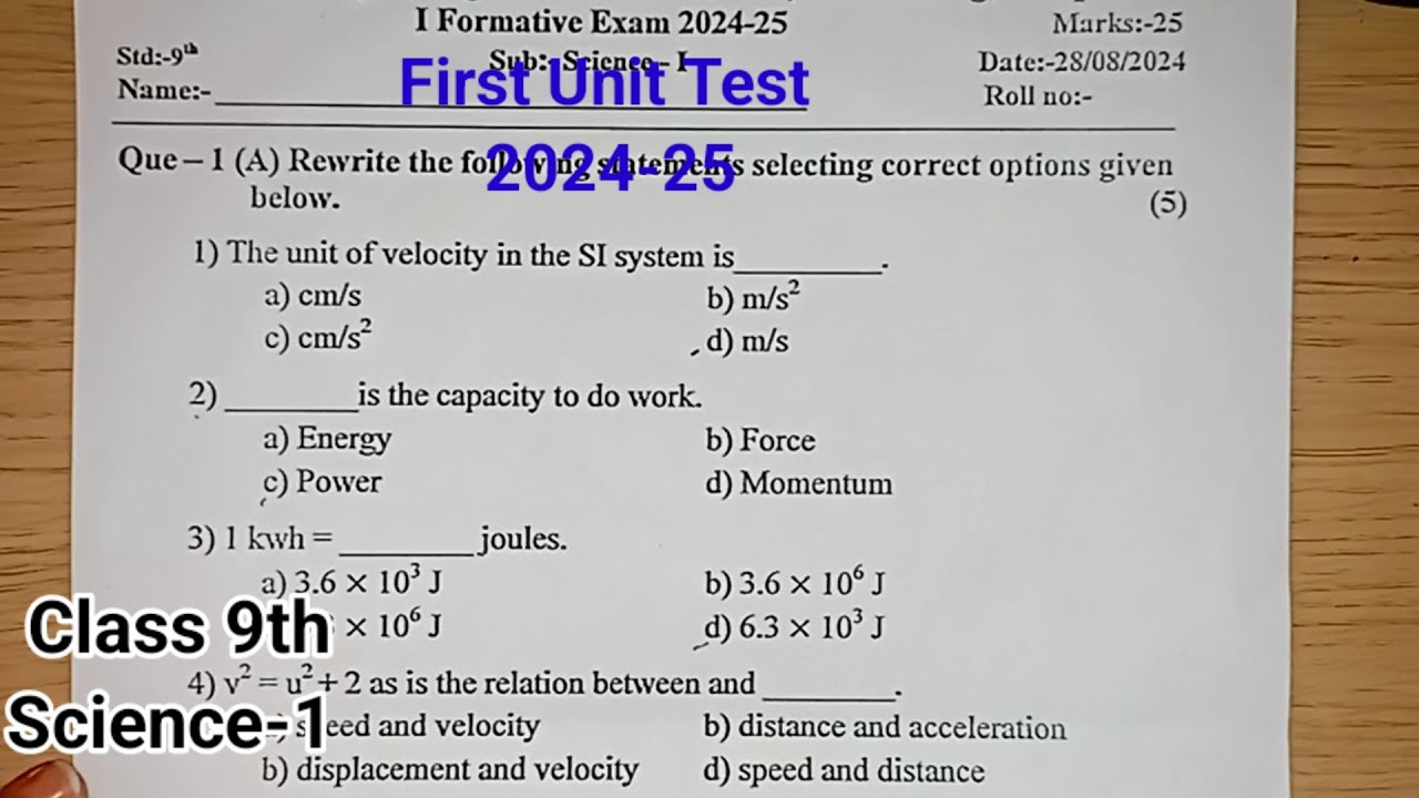 First Unit Test Class 9th Science 1 | Science 2024-25 unit test question paper