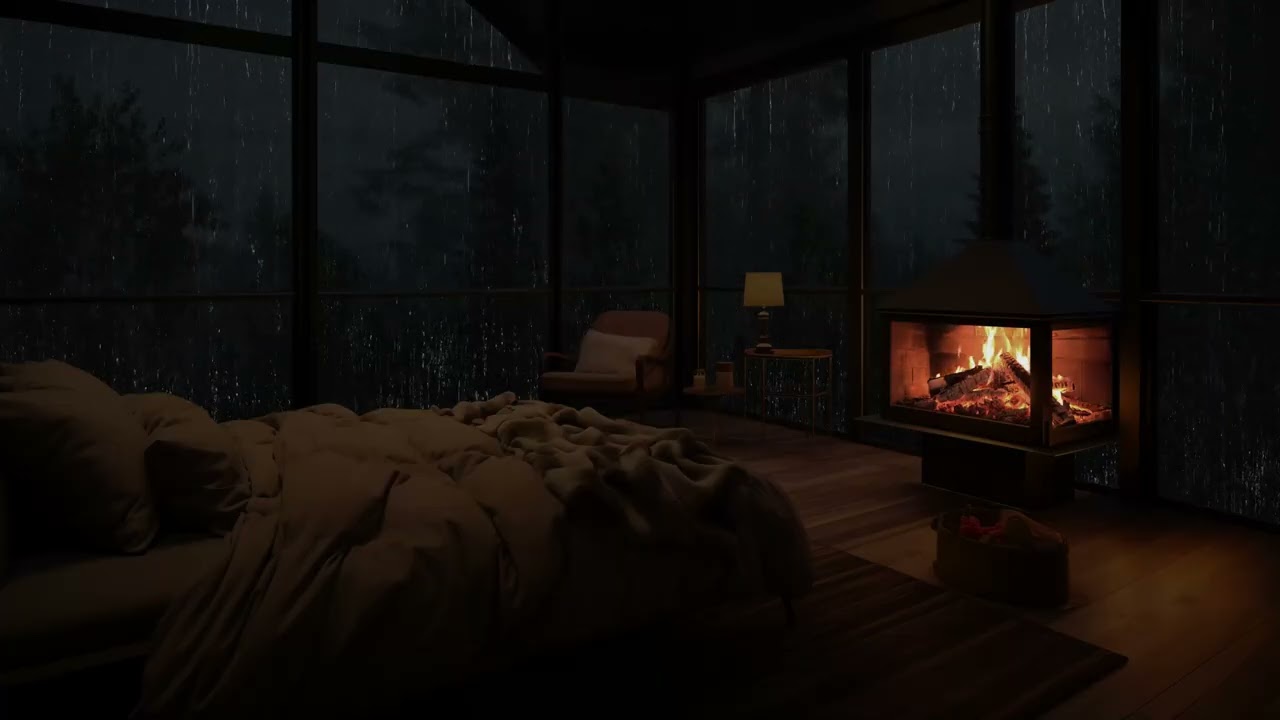 Cabana Quente com Lareira e Sons Relaxantes de Chuva Tropical para um Sono Profundo