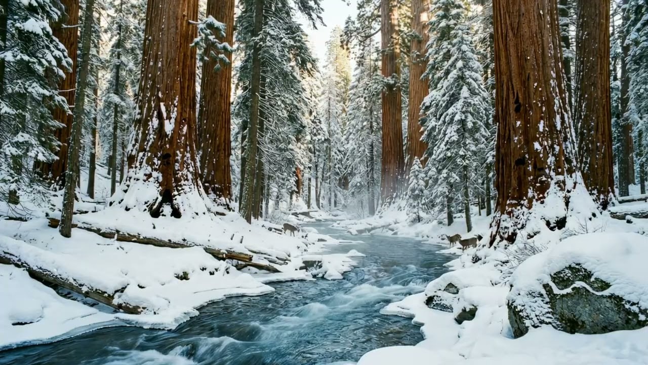 Peaceful Winter in a Snowy Sequoia Forest 🌲❄️ River Sounds | 11+ Hours