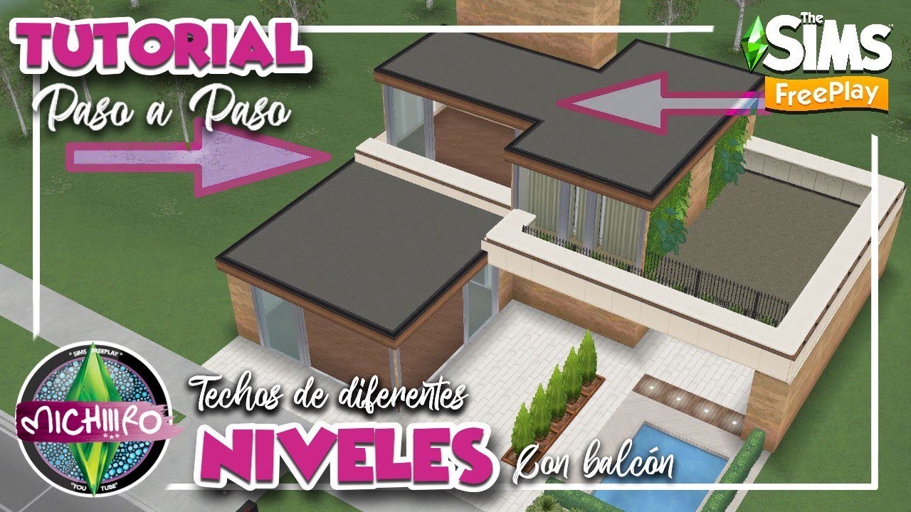 Tutorial 💕 Casa Moderna con techo o tejado a niveles o pisos diferentes con balcón 🐻🌸 Sims Freeplay