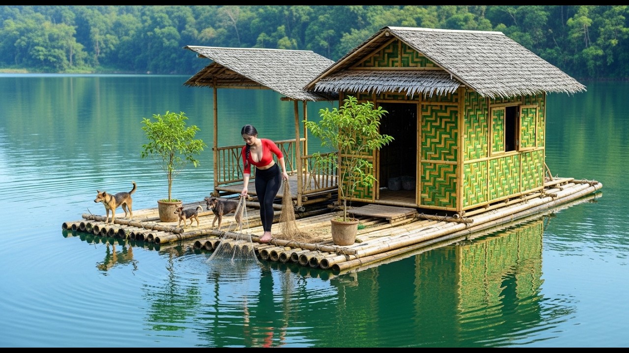 TIMELAPSE: Building a Floating Bamboo Raft House | Fishing & Cooking by the Stream
