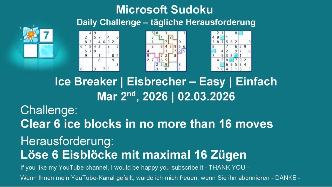 Sudoku Daily Challenges | Ice Breaker – Easy | Mar 2nd, 2026