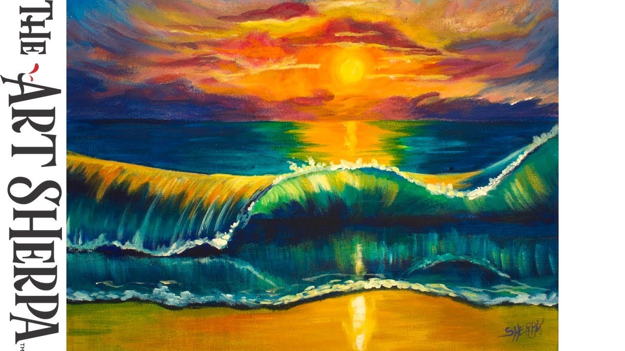 How to paint a Tropical beach Wave at Sunset Beginner Acrylic Painting | TheArtSherpa