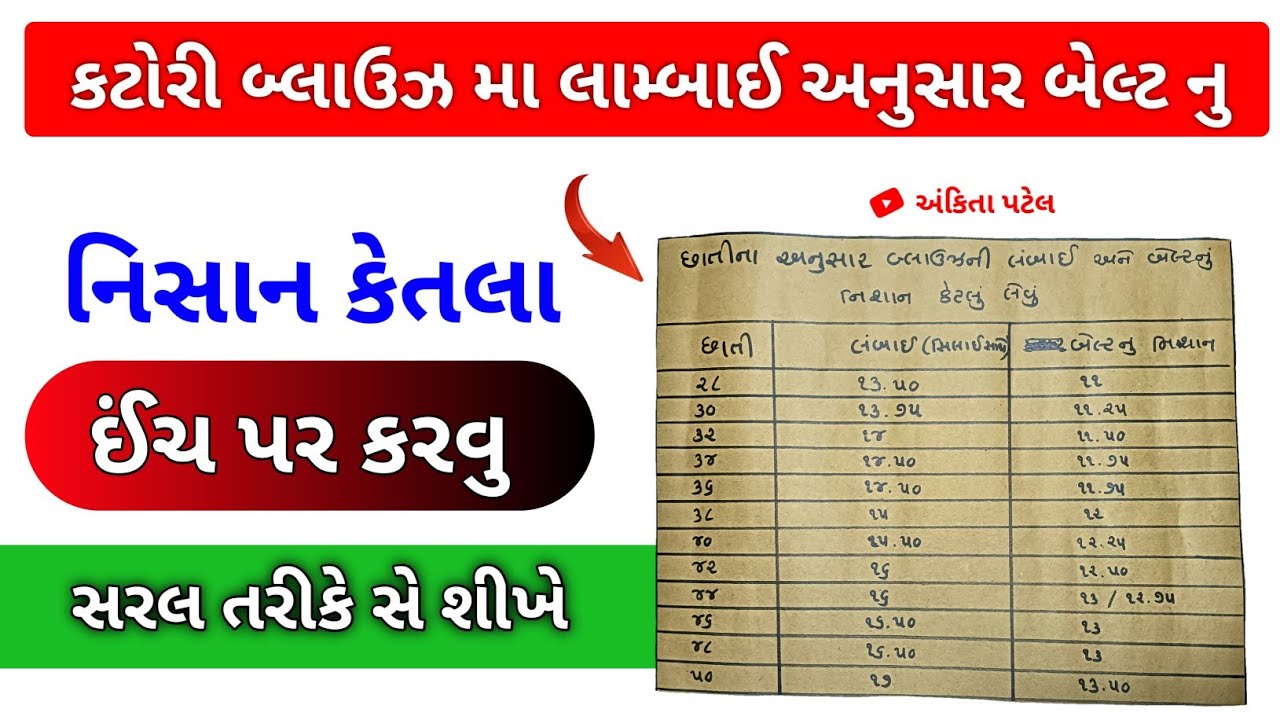 કટોરી બ્લાઉઝ મા લામ્બાઈ અનુસાર બેલ્ટ નુ નિસાન કેતલા ઈંચ પર કરવુ કટોરી બ્લાઉઝ ચાર્ટ { Ankita Patel }