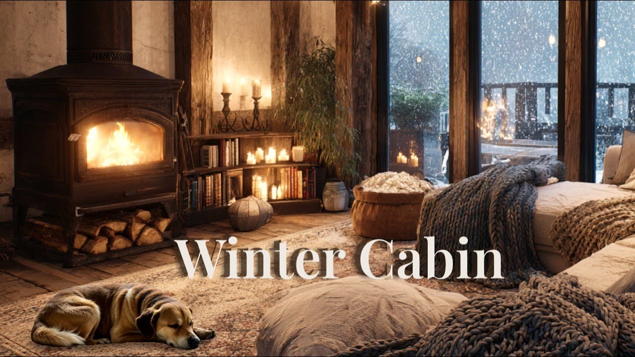 Winter Cabin Fireplace Ambience 6 Hours - Cozy Living Room with Dog & Gentle Snowfall