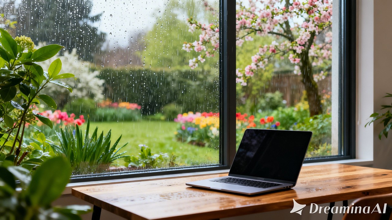 Spring Rain in a Flower Garden for Deep Work