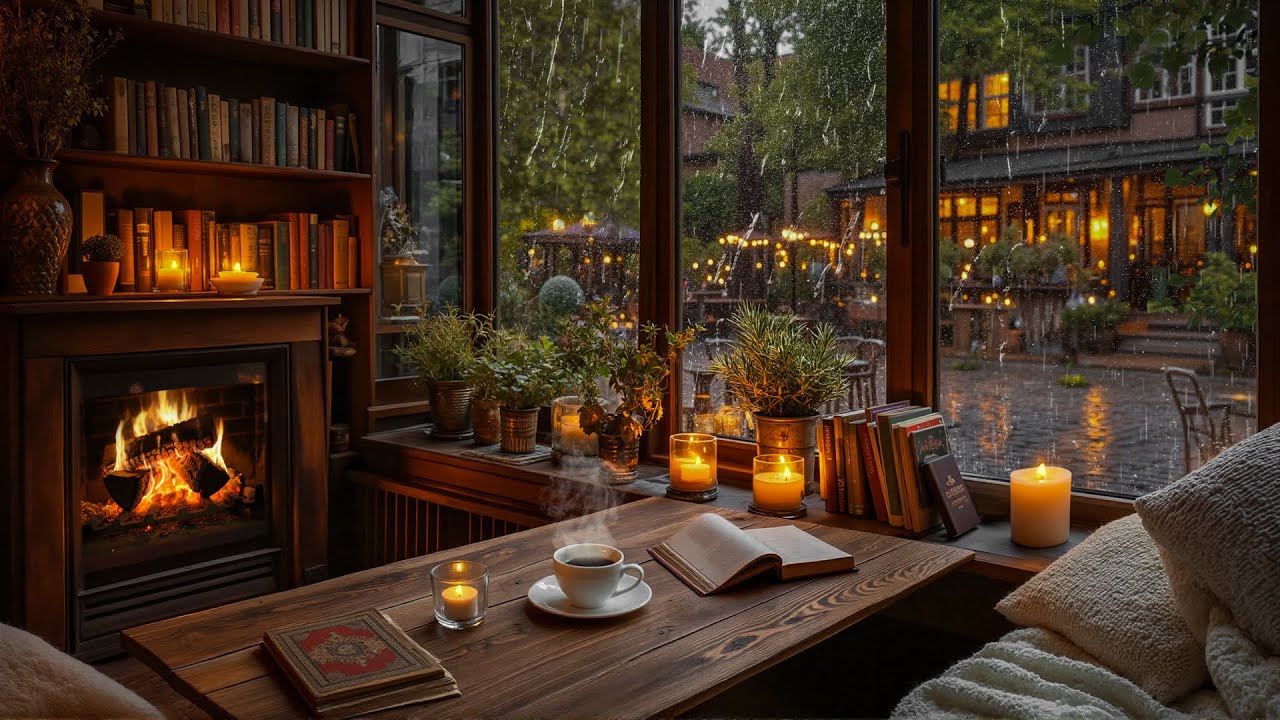 Warm Piano Jazz by the Fireplace Ambience & Rain 🌧️ Coffee with Relaxing Jazz Piano for Focus, Relax