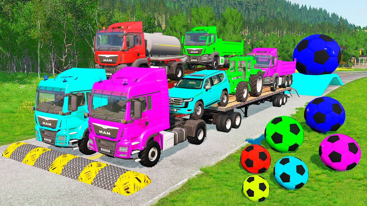 Flatbed Trailer McQueen Transportation with Truck - Speedbumps vs Cars vs Train - BeamNG.Drive #42