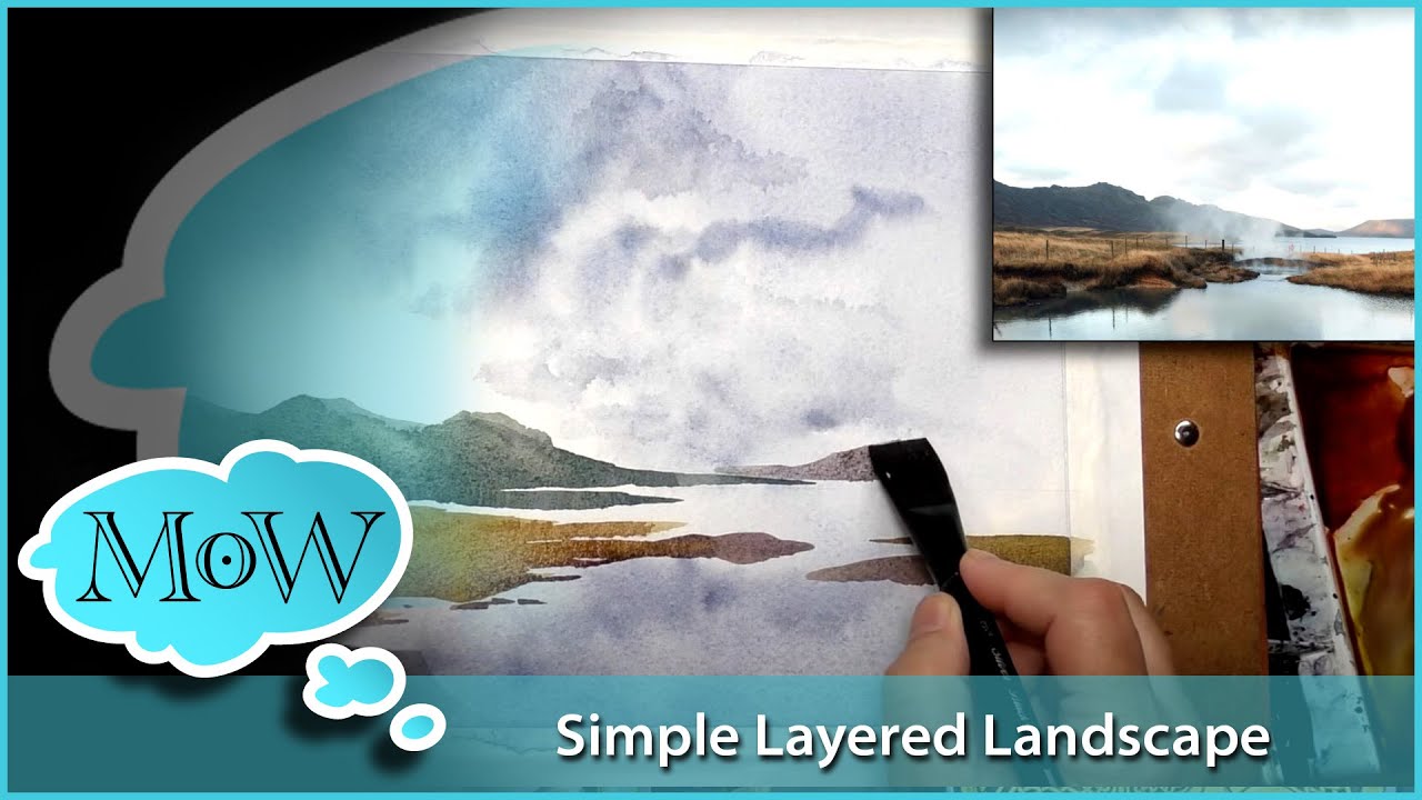 Easy Layered Watercolor Landscape Painting Process. Real-Time Paint Along Demo.
