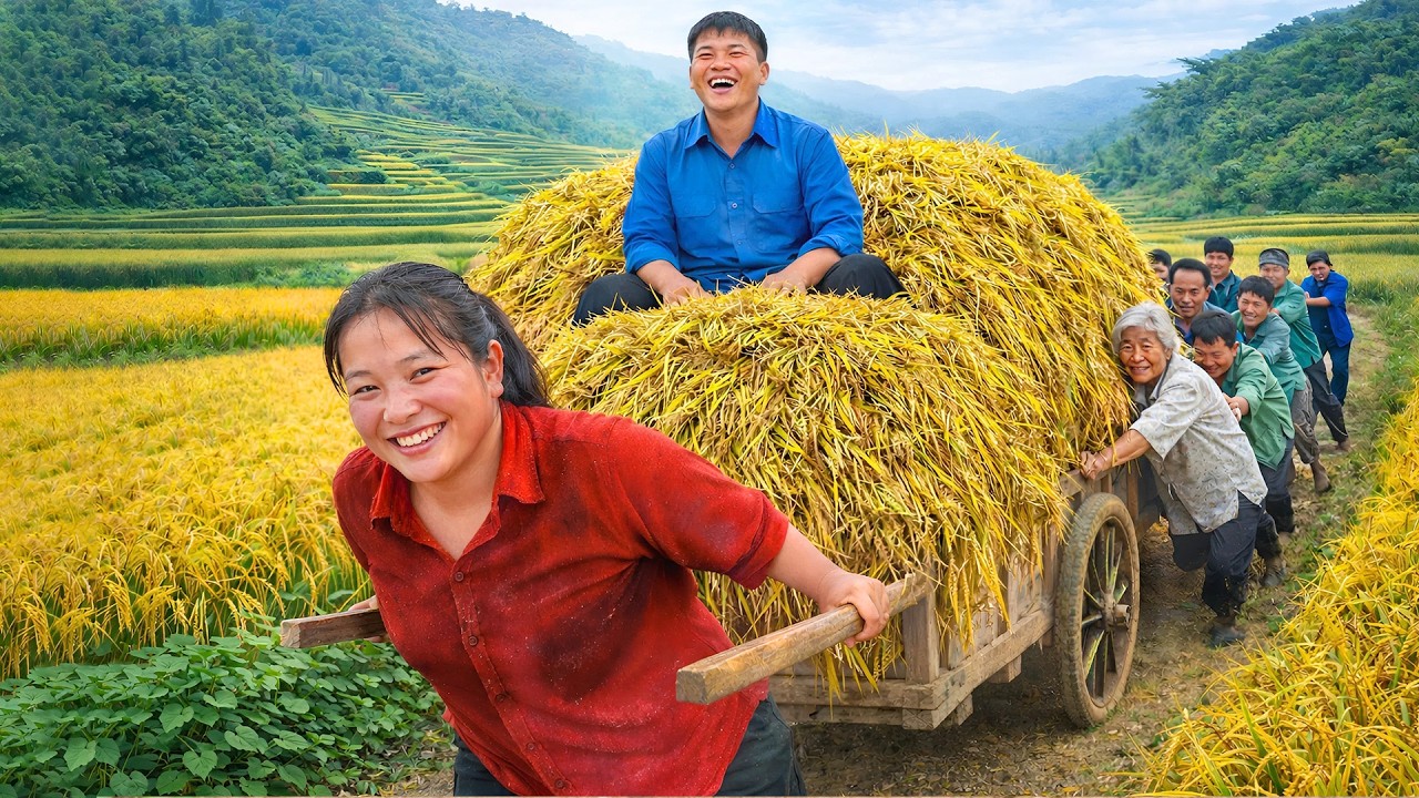 Harvesting Rice with My Parents in the Countryside, Peaceful Mountain Family Life - Phuc and Sua