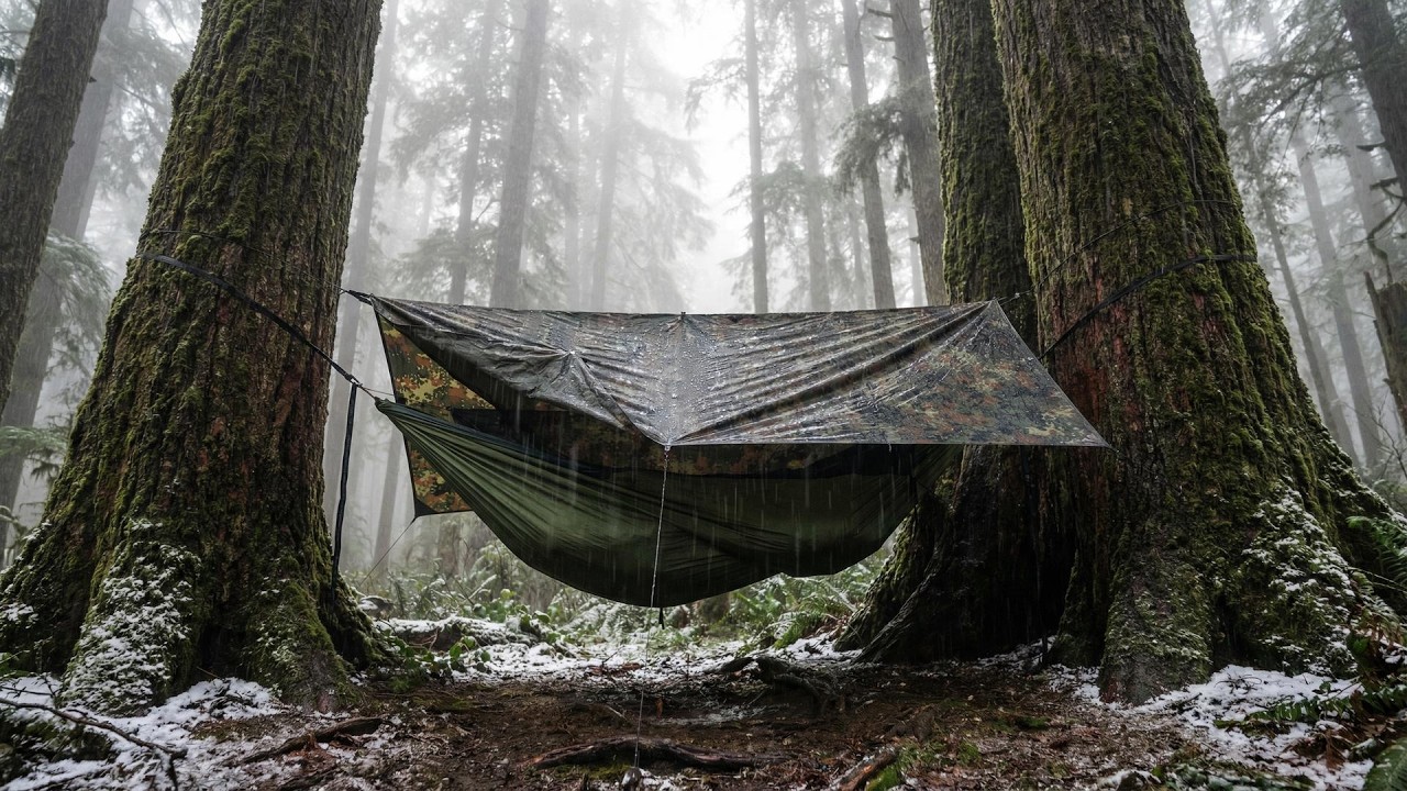 Übernachtung im Wald bei Regen und Schnee