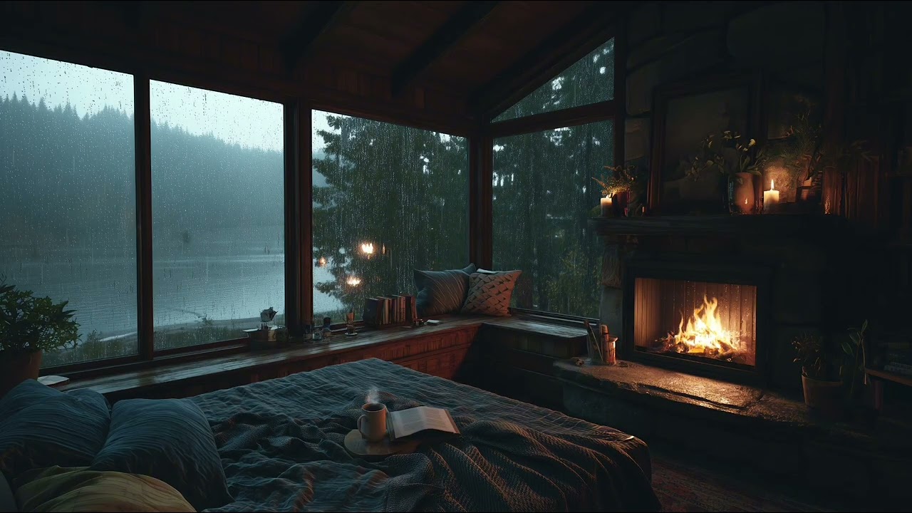 Stormy Lake Cabin Night 🌩️🔥 Rain, Light Thunder & Fireplace Sounds for Deep Sleep