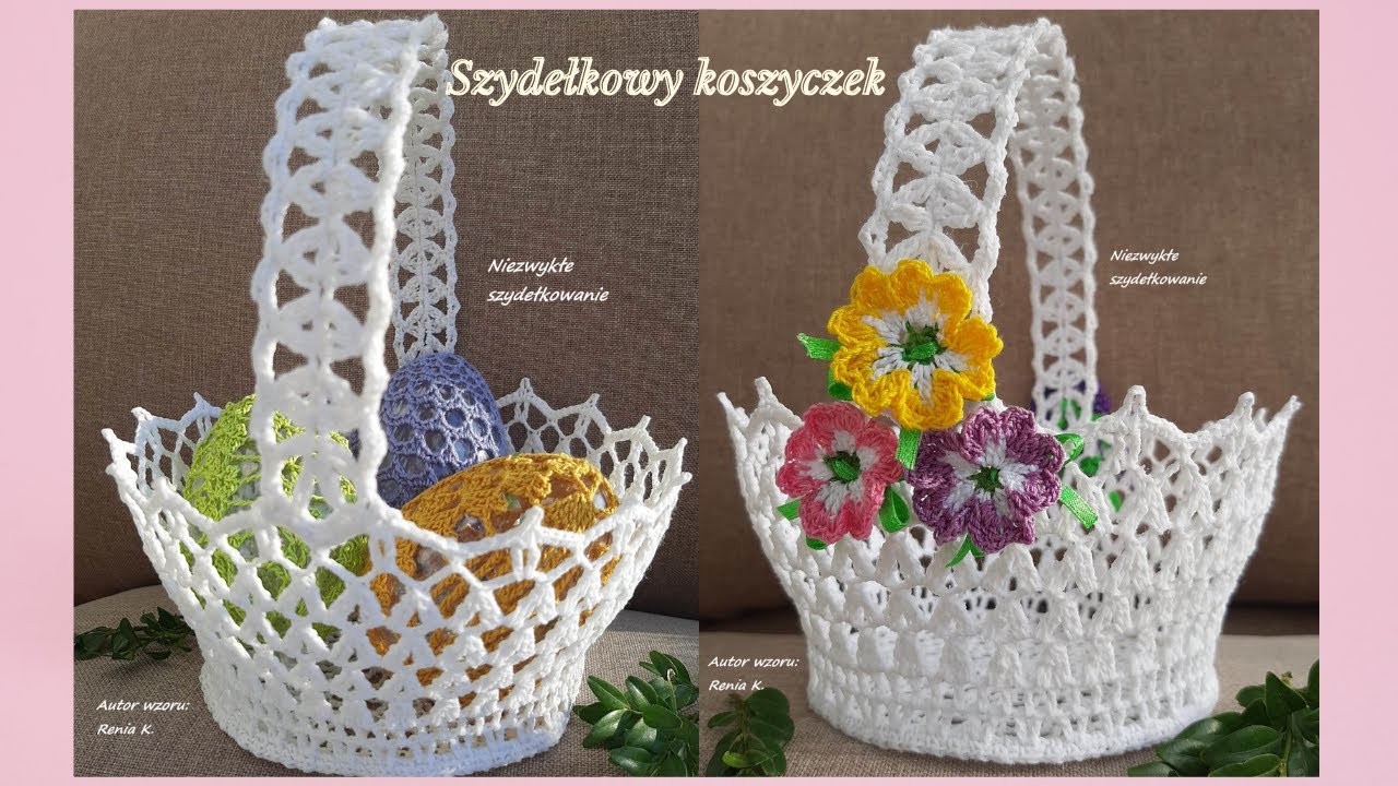 Koszyczek wielkanocny z prymulkami, szydełko. Author Renia K. Easter basket crochet tutorial