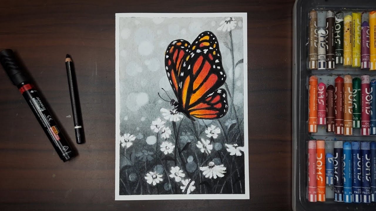 Butterfly nature scenery drawing with oil pastel color 🦋 oil pastel drawing | Canvas Art