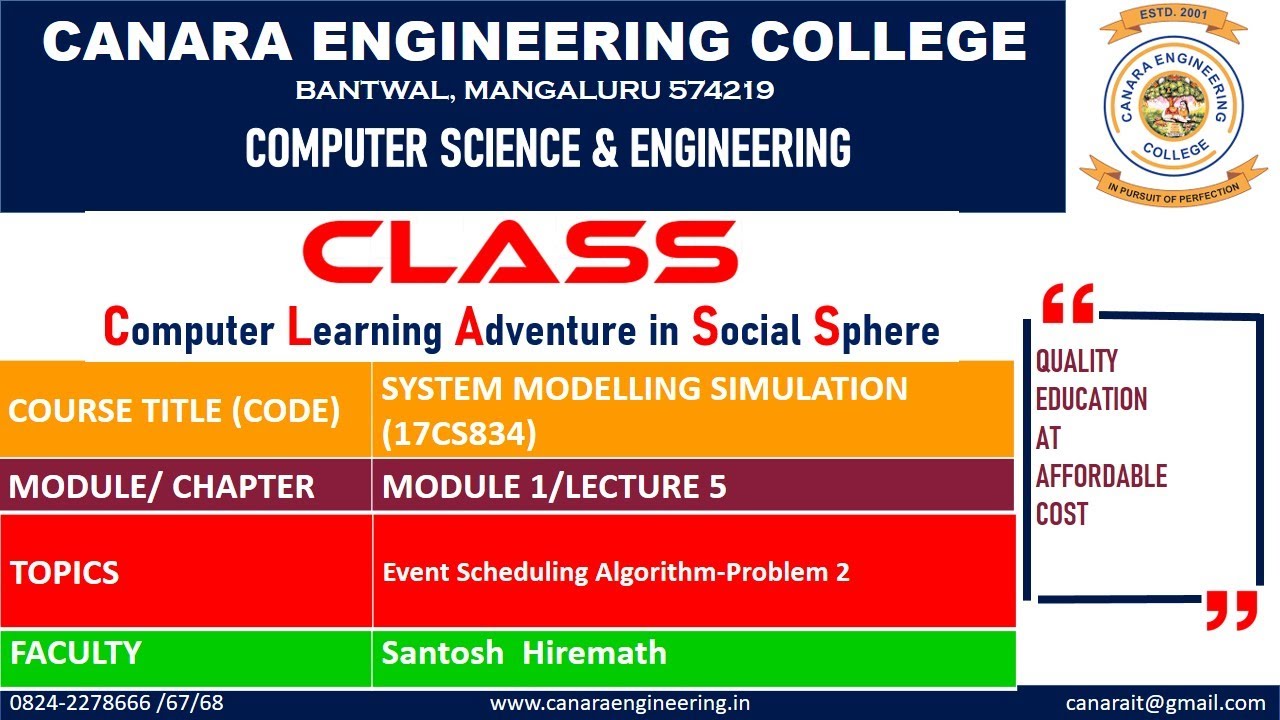VTU SMS (17CS834) SYSTEM MODELLING & SIMULATION [Event Scheduling Algorithm-Problem 2] (M1 L5)