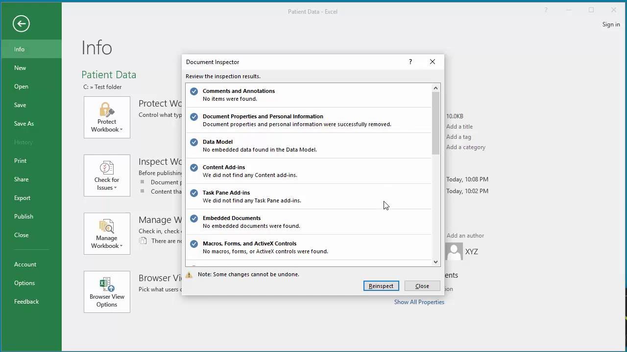 How to Inspect a Workbook in Excel 2016