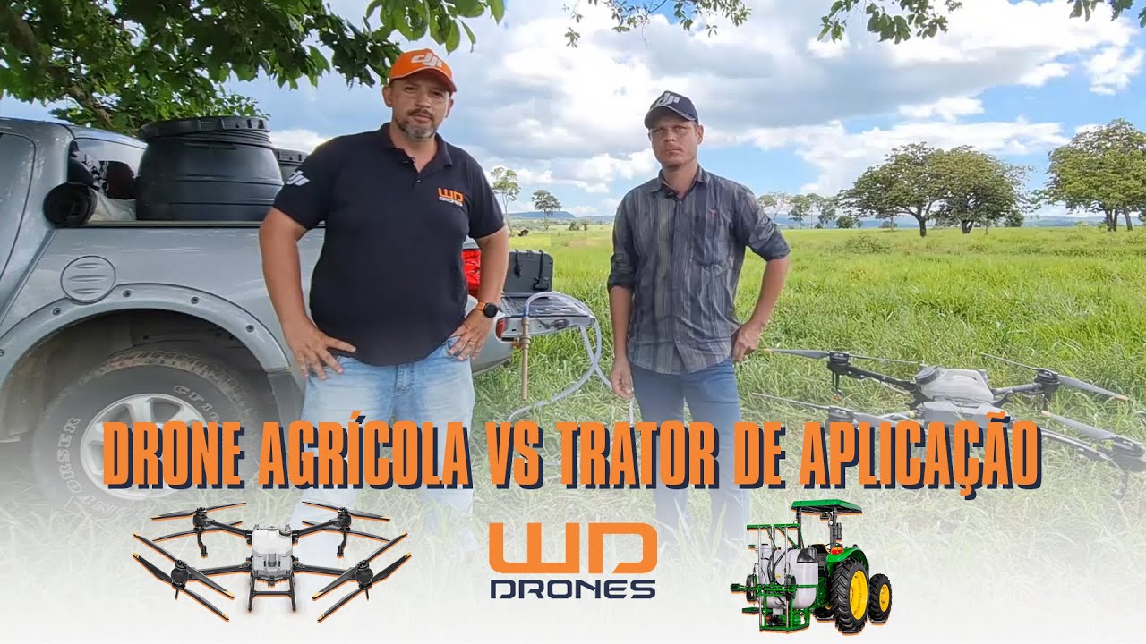 Pulverizador no trator X aplicação de herbicida no pasto com uso de drone em Mato Grosso