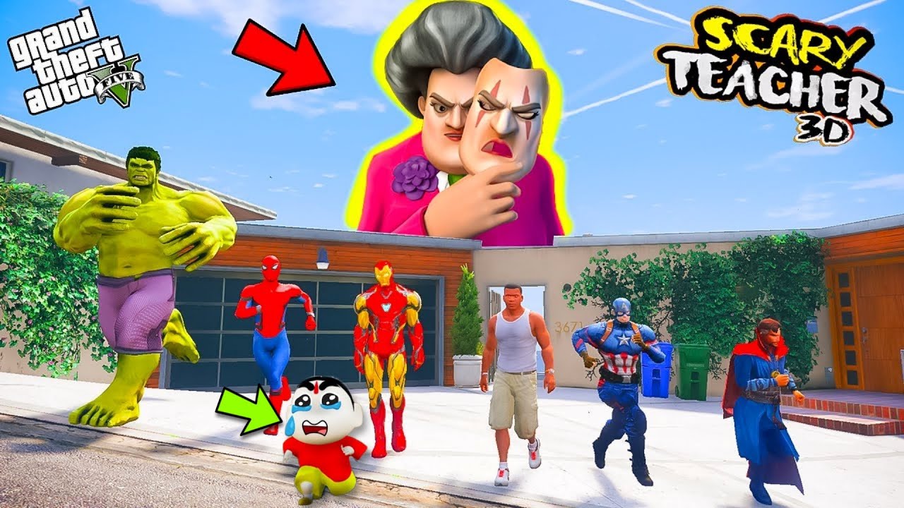 Franklin and Shinchan and his Friends Fight With Scary Teacher 3D For Save Avengers in GTA V | TAMIL