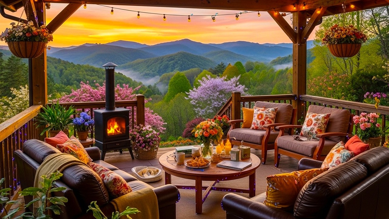 Cozy Spring Mountain Cabin ☕ Relaxing Piano Jazz & Fireplace Ambience for Study, Work & Relax