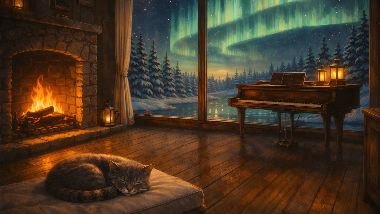 Cozy Northern Lights Cabin 🔥 Sleeping Cat, Fireplace & Winter Piano Jazz (No Vocals)