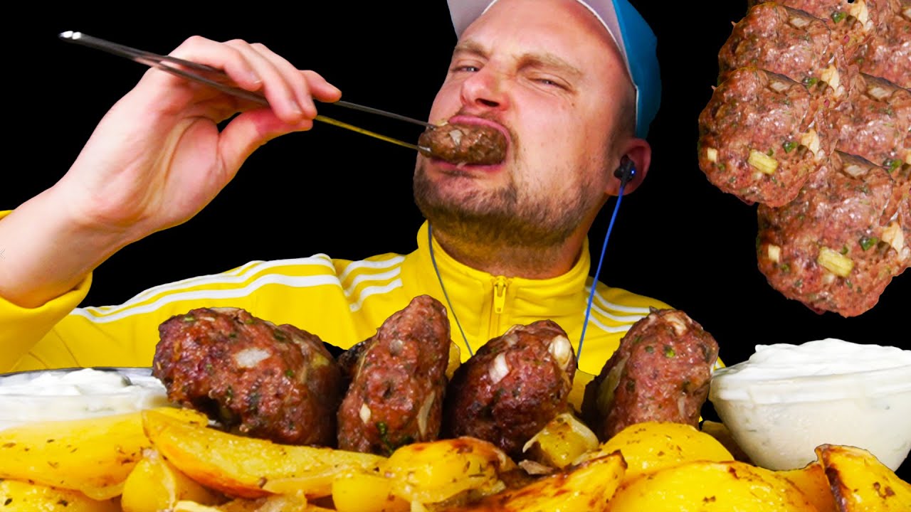 АСМР Греческая еда Мукбанг 🇬🇷😋 Бифтеки (фрикадельки) 🥩