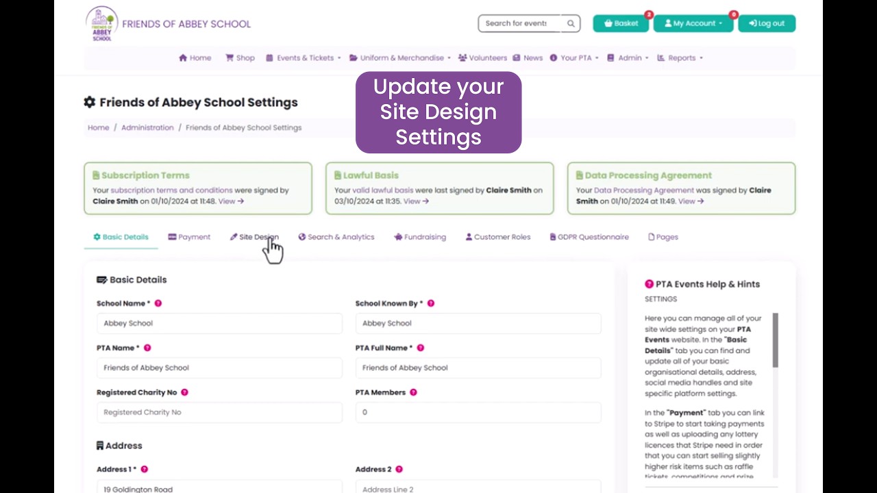 PTA Events Tutorials - How to update your site design settings